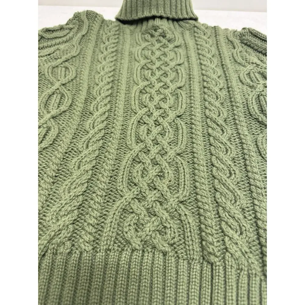 Paul James Women's M Green Wool Cable Knit Turtleneck Chunky Sweater Fisherman